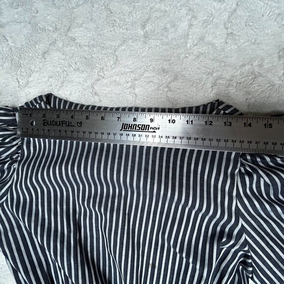 Women's Vintage Midi A-Line Dress Puff Sleeve Elastic Waist Striped Gray Size 12 - Picture 6 of 10
